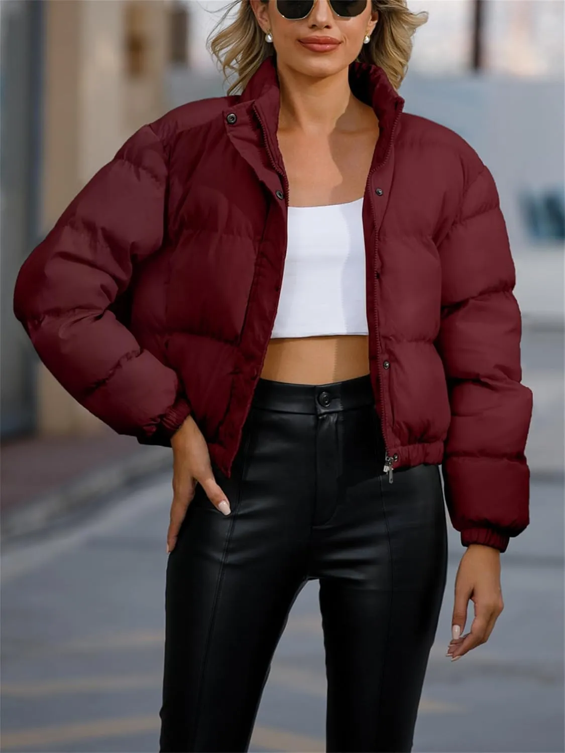 Andongnywell Women's Long Sleeve Zipper Puffer Jacket Winter Quilted Short Down Coat with Pockets Stand-up Collar