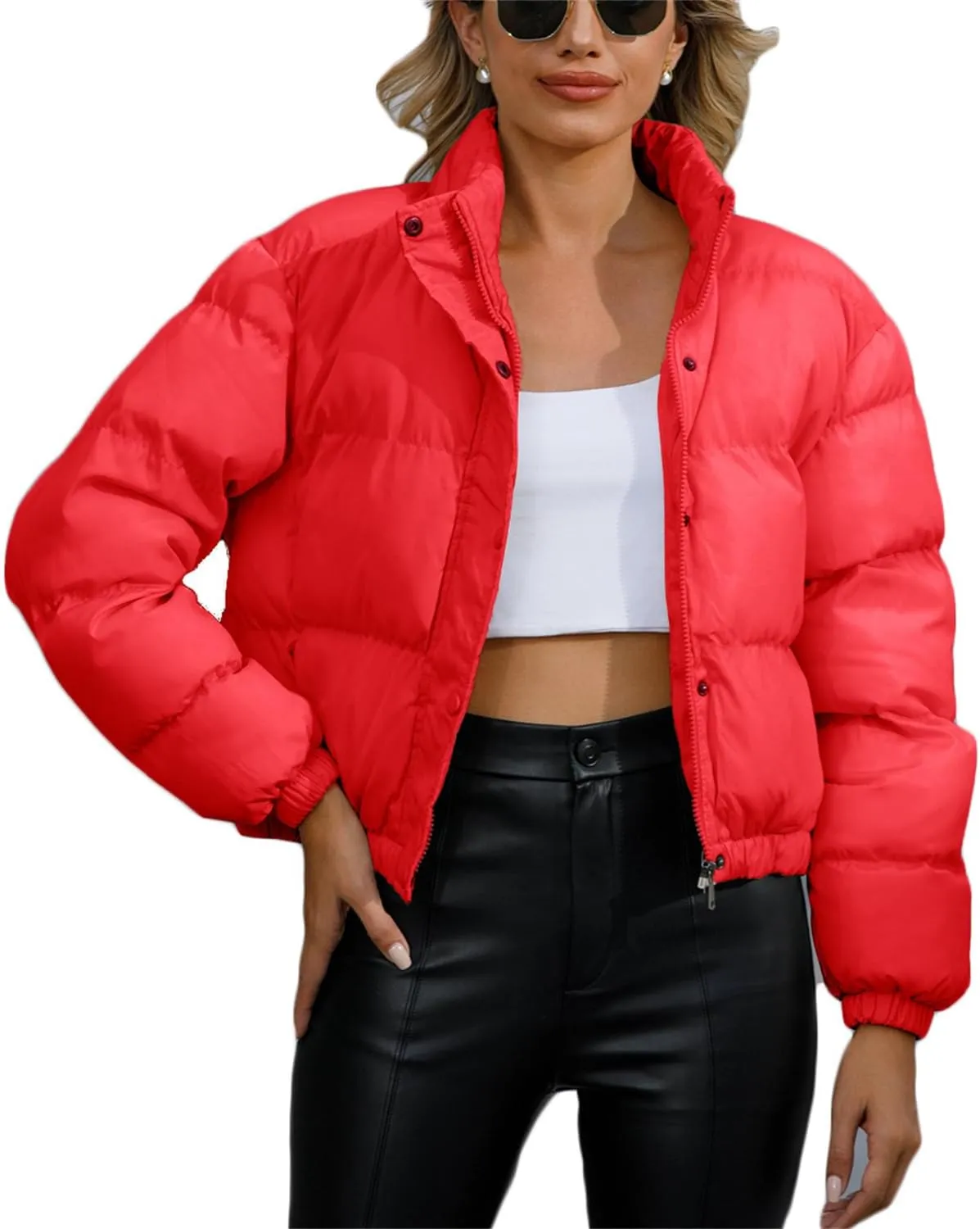 Andongnywell Women's Long Sleeve Zipper Puffer Jacket Winter Quilted Short Down Coat with Pockets Stand-up Collar