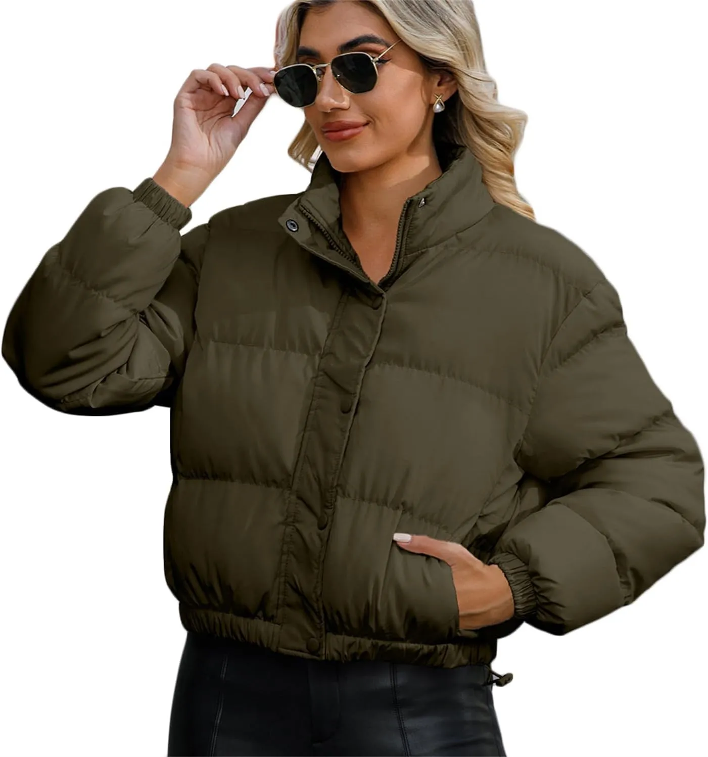 Andongnywell Women's Long Sleeve Zipper Puffer Jacket Winter Quilted Short Down Coat with Pockets Stand-up Collar