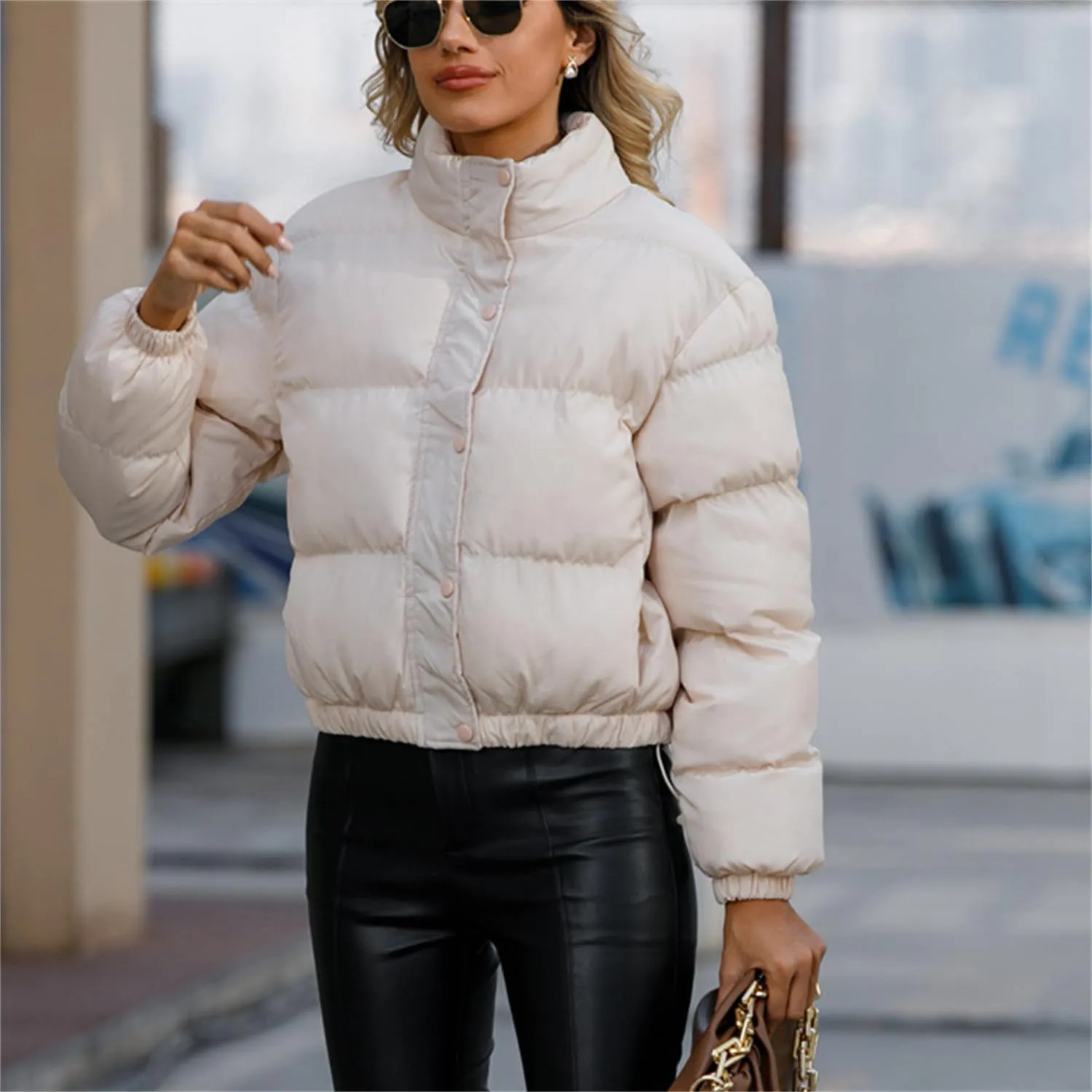 Andongnywell Women's Long Sleeve Zipper Puffer Jacket Winter Quilted Short Down Coat with Pockets Stand-up Collar