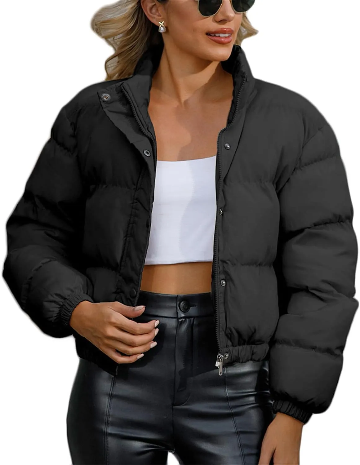 Andongnywell Women's Long Sleeve Zipper Puffer Jacket Winter Quilted Short Down Coat with Pockets Stand-up Collar