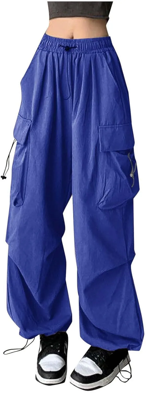 Baggy Parachute Pants for Women Drawstring Elastic Low Waist Ruched Cargo Pants Multiple Pockets Jogger Y2K