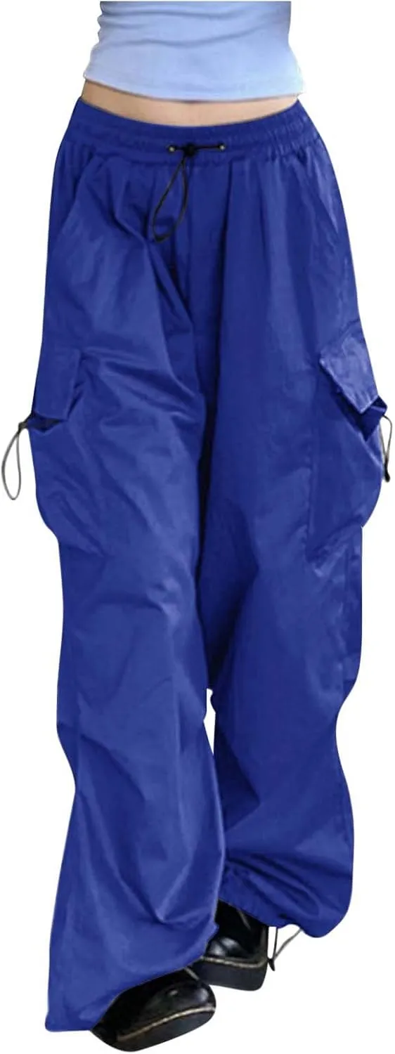 Baggy Parachute Pants for Women Drawstring Elastic Low Waist Ruched Cargo Pants Multiple Pockets Jogger Y2K