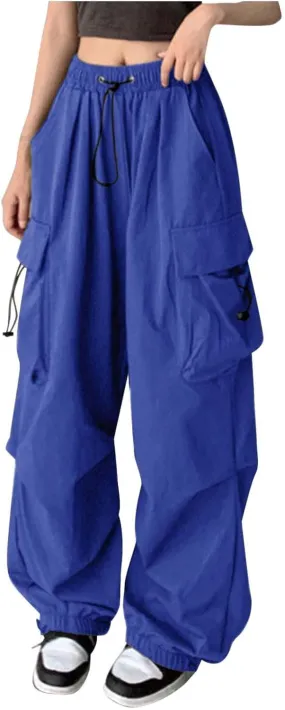 Baggy Parachute Pants for Women Drawstring Elastic Low Waist Ruched Cargo Pants Multiple Pockets Jogger Y2K
