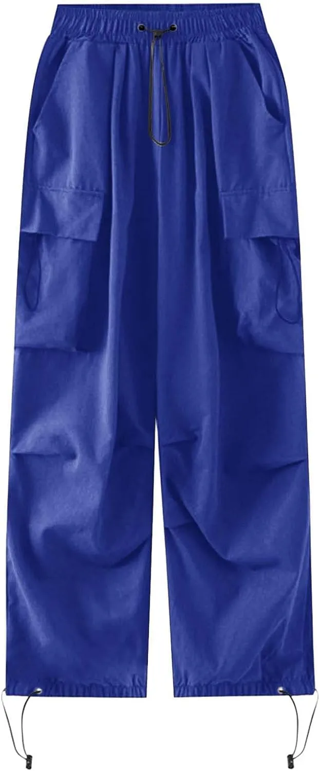 Baggy Parachute Pants for Women Drawstring Elastic Low Waist Ruched Cargo Pants Multiple Pockets Jogger Y2K