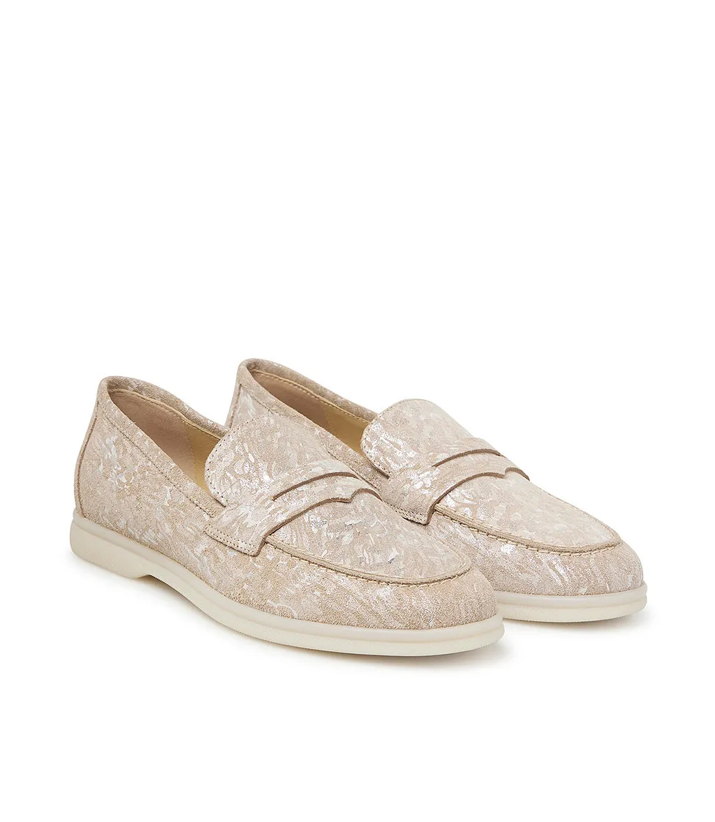 Beige damask pattern leather loafers