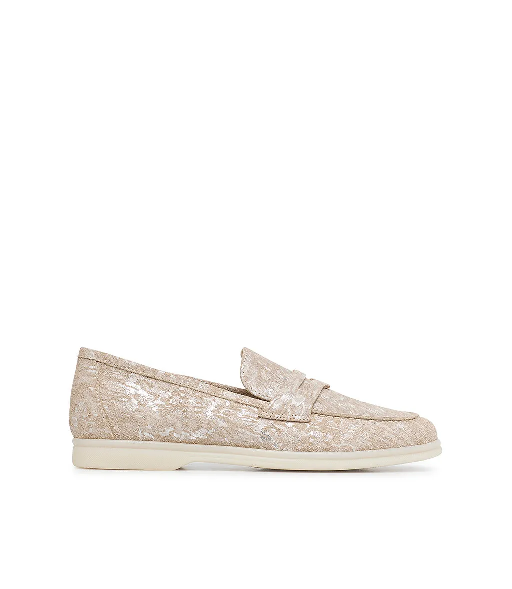 Beige damask pattern leather loafers