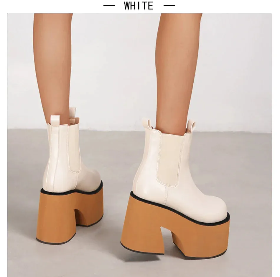 binfenxie  Minimalist Slip On Platform Chelsea Boots Chunky Heeled Boots for Women Faux Leather Brown Stretch Comfy Ankle Booties