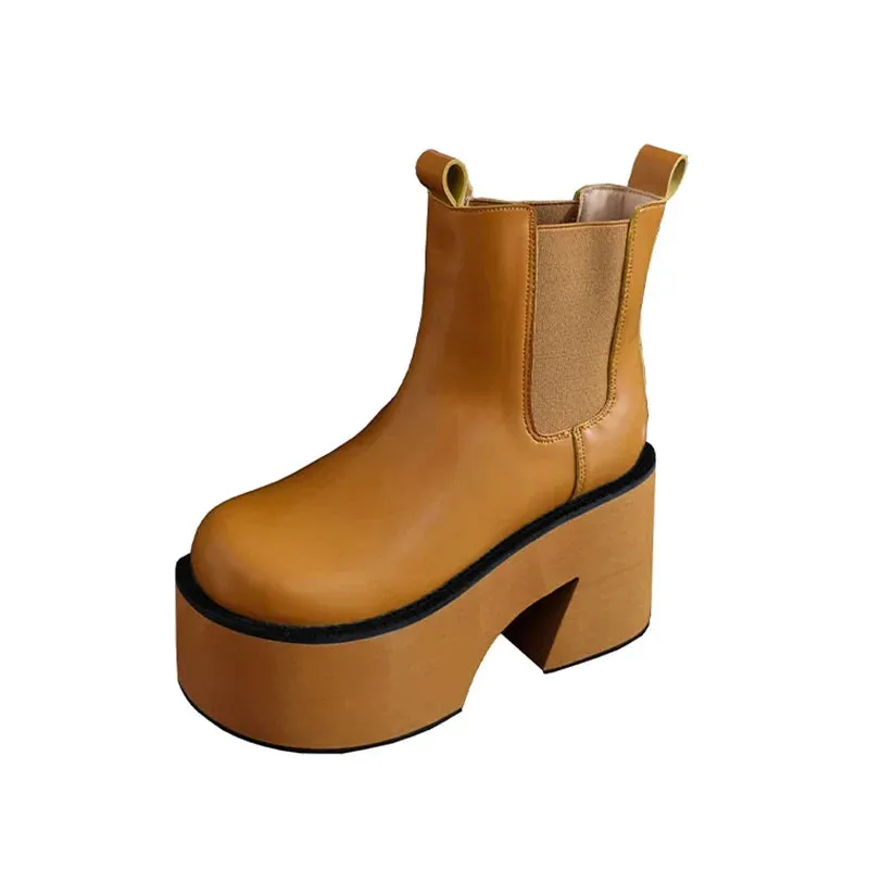 binfenxie  Minimalist Slip On Platform Chelsea Boots Chunky Heeled Boots for Women Faux Leather Brown Stretch Comfy Ankle Booties