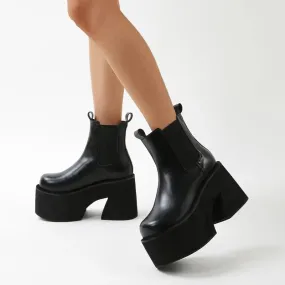 binfenxie  Minimalist Slip On Platform Chelsea Boots Chunky Heeled Boots for Women Faux Leather Brown Stretch Comfy Ankle Booties
