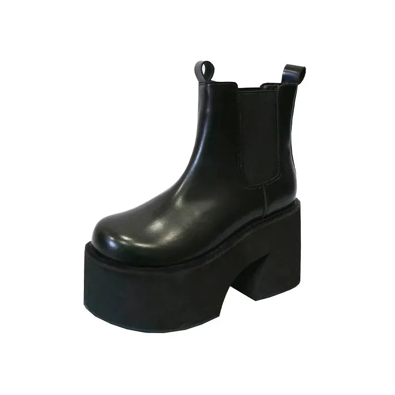 binfenxie  Minimalist Slip On Platform Chelsea Boots Chunky Heeled Boots for Women Faux Leather Brown Stretch Comfy Ankle Booties