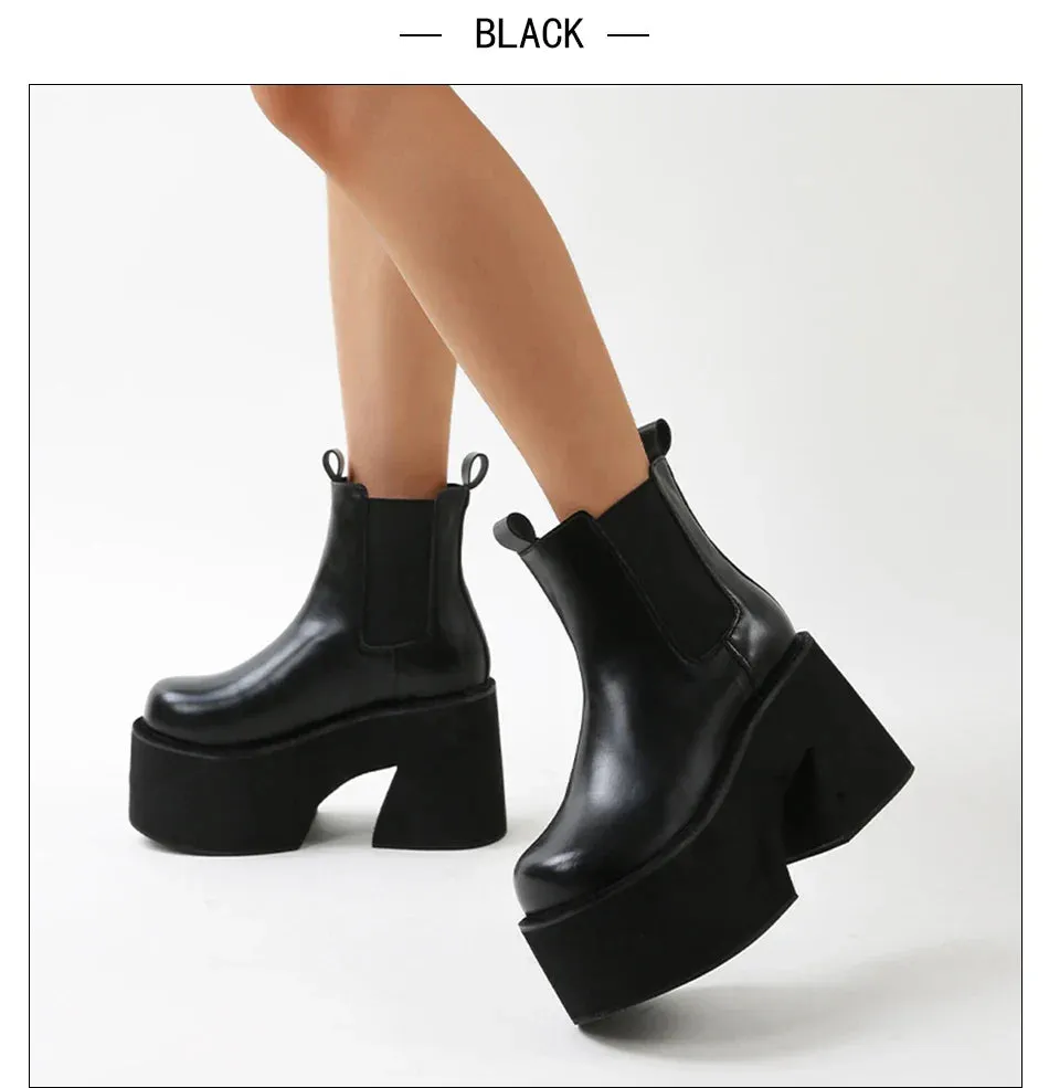 binfenxie  Minimalist Slip On Platform Chelsea Boots Chunky Heeled Boots for Women Faux Leather Brown Stretch Comfy Ankle Booties