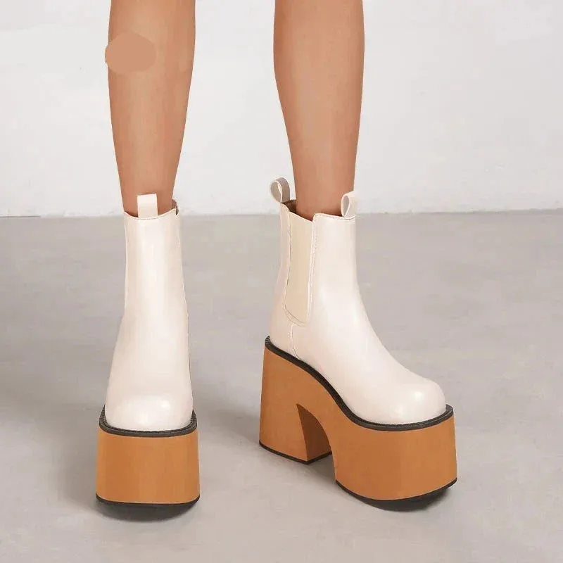 binfenxie  Minimalist Slip On Platform Chelsea Boots Chunky Heeled Boots for Women Faux Leather Brown Stretch Comfy Ankle Booties