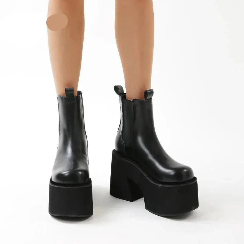 binfenxie  Minimalist Slip On Platform Chelsea Boots Chunky Heeled Boots for Women Faux Leather Brown Stretch Comfy Ankle Booties