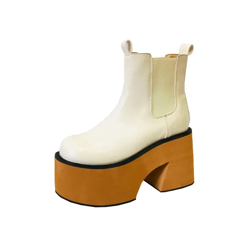 binfenxie  Minimalist Slip On Platform Chelsea Boots Chunky Heeled Boots for Women Faux Leather Brown Stretch Comfy Ankle Booties