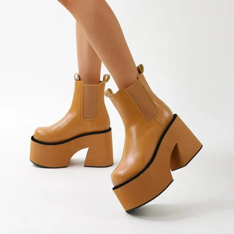 binfenxie  Minimalist Slip On Platform Chelsea Boots Chunky Heeled Boots for Women Faux Leather Brown Stretch Comfy Ankle Booties