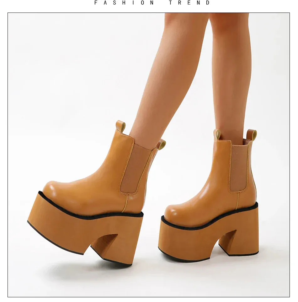 binfenxie  Minimalist Slip On Platform Chelsea Boots Chunky Heeled Boots for Women Faux Leather Brown Stretch Comfy Ankle Booties