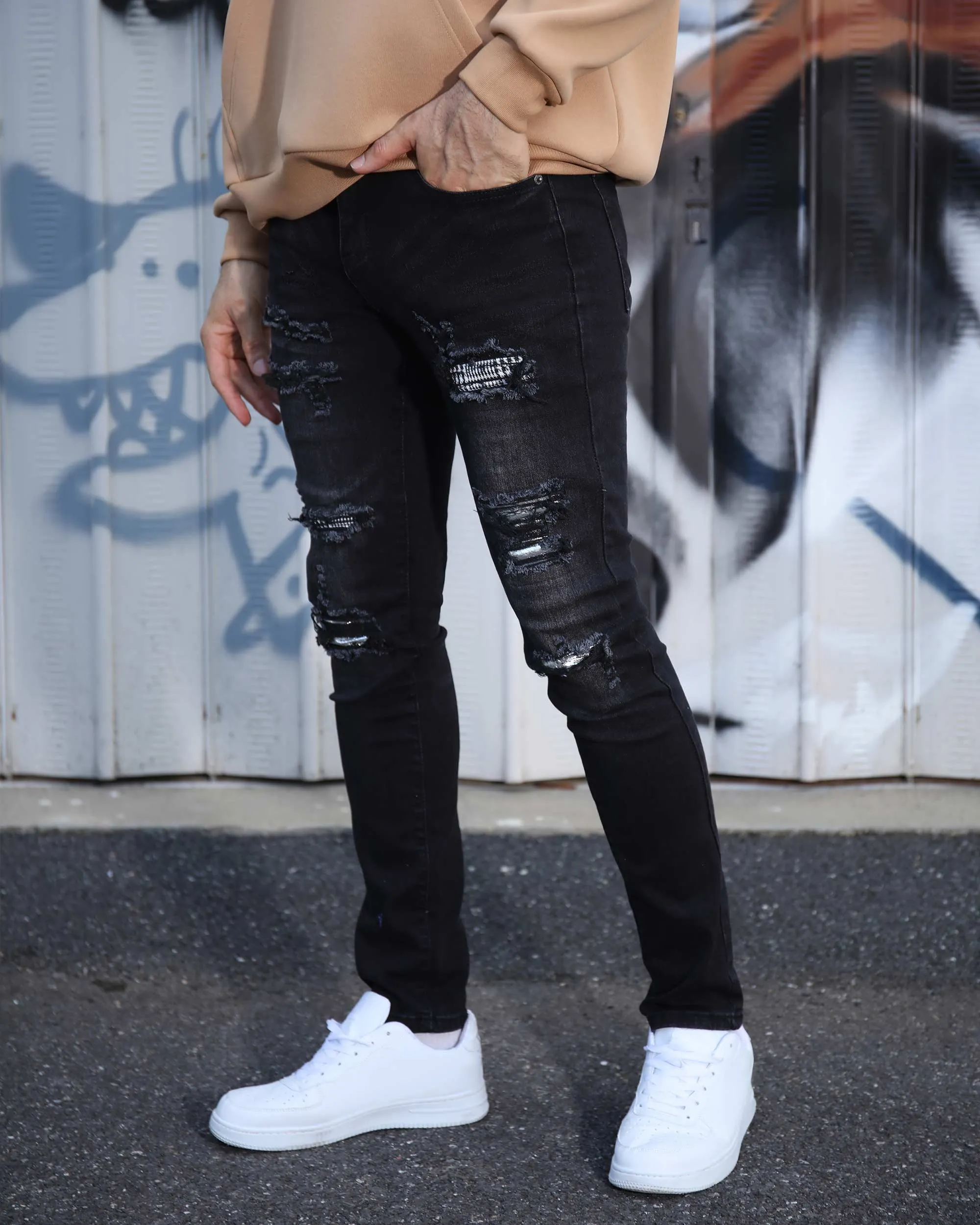Black Ripped Jeans with Bold Rips and Plaid Patch-Mexico Local Delivery
