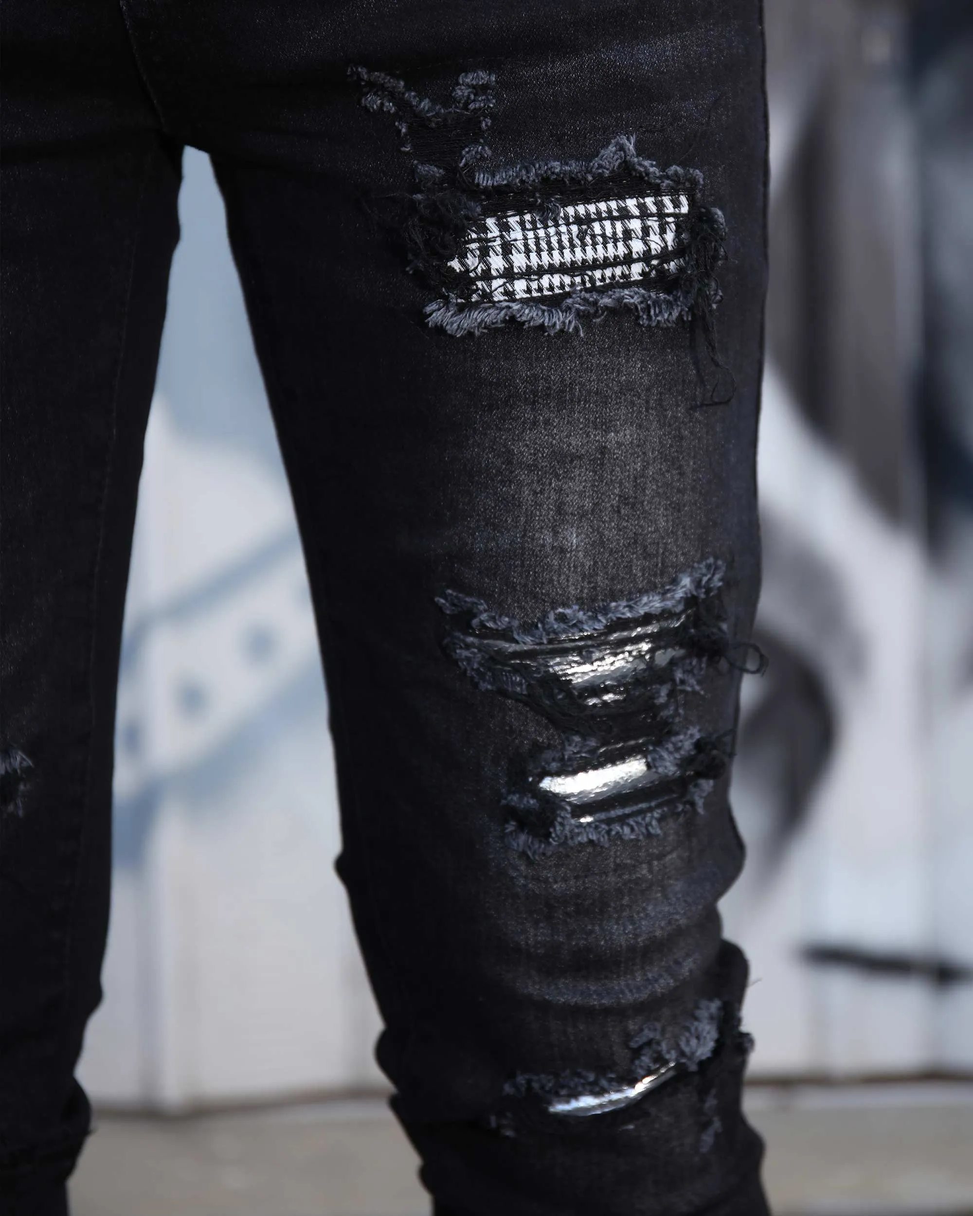 Black Ripped Jeans with Bold Rips and Plaid Patch-Mexico Local Delivery