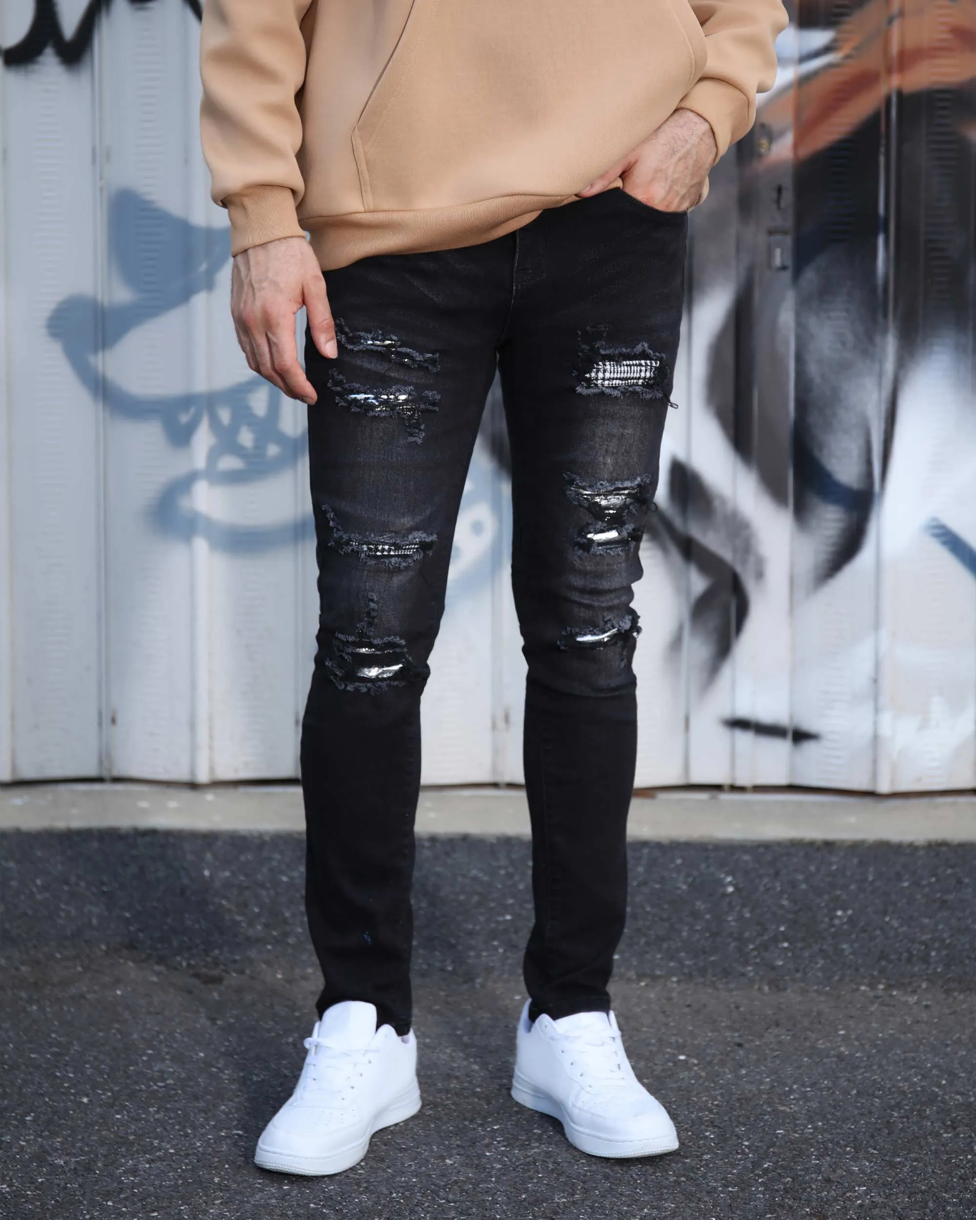 Black Ripped Jeans with Bold Rips and Plaid Patch-Mexico Local Delivery