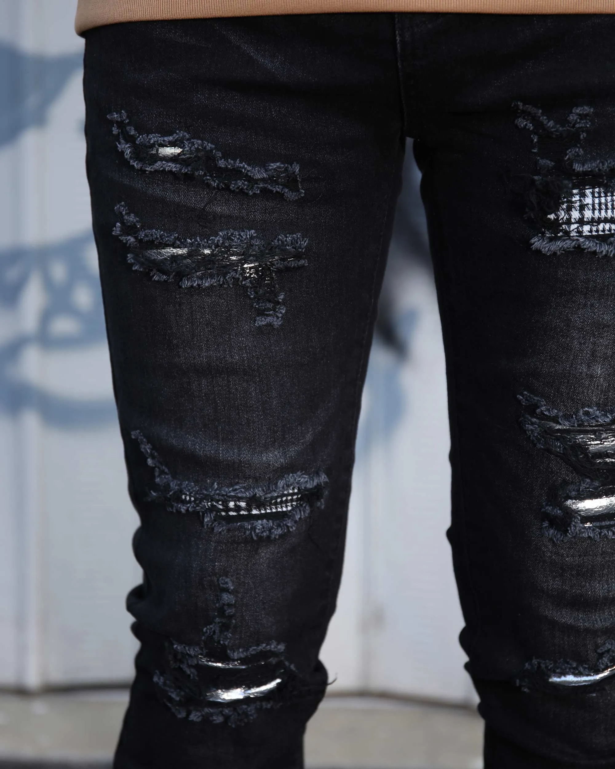Black Ripped Jeans with Bold Rips and Plaid Patch-Mexico Local Delivery