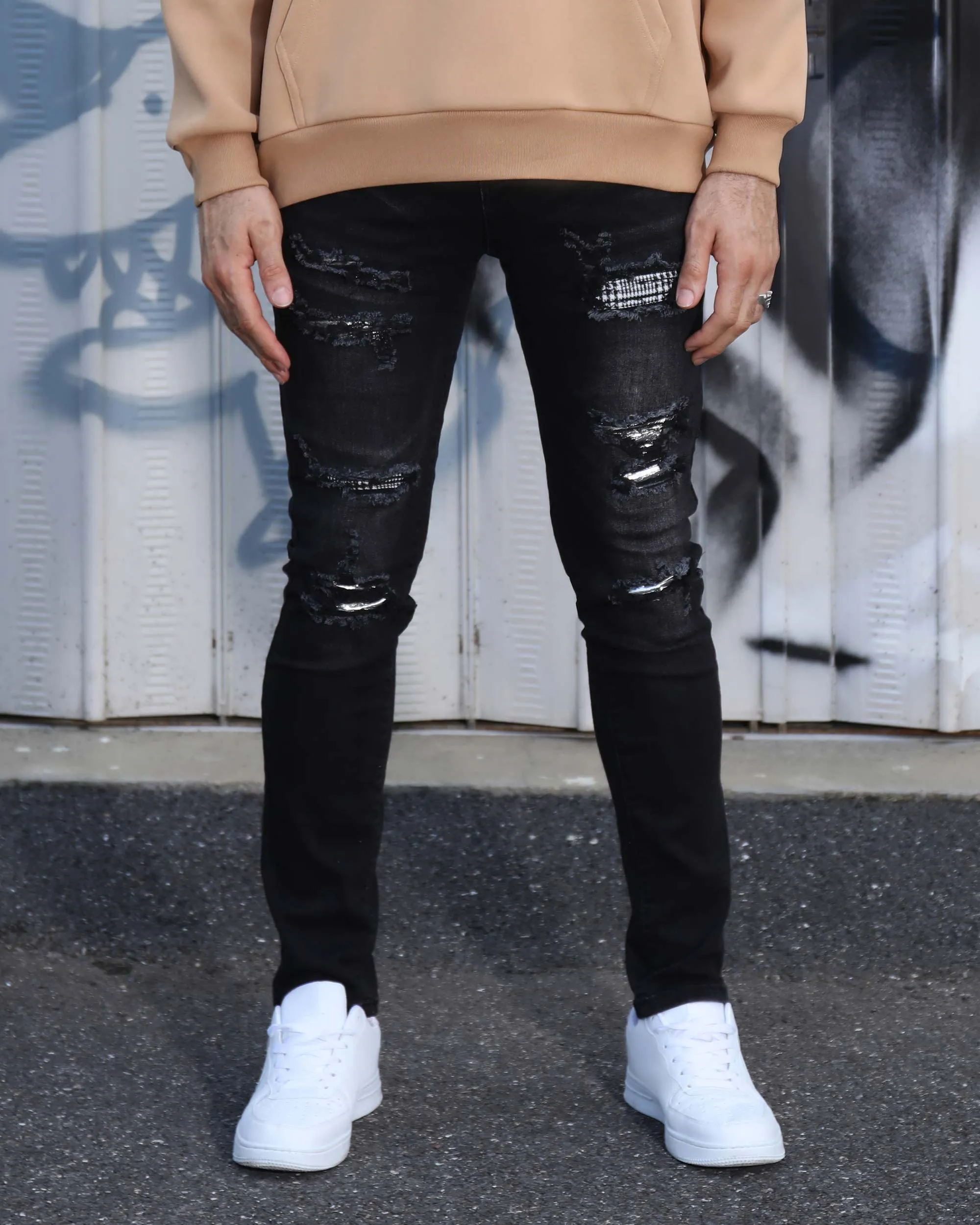 Black Ripped Jeans with Bold Rips and Plaid Patch-Mexico Local Delivery