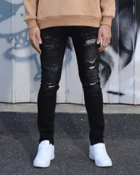 Black Ripped Jeans with Bold Rips and Plaid Patch-Mexico Local Delivery