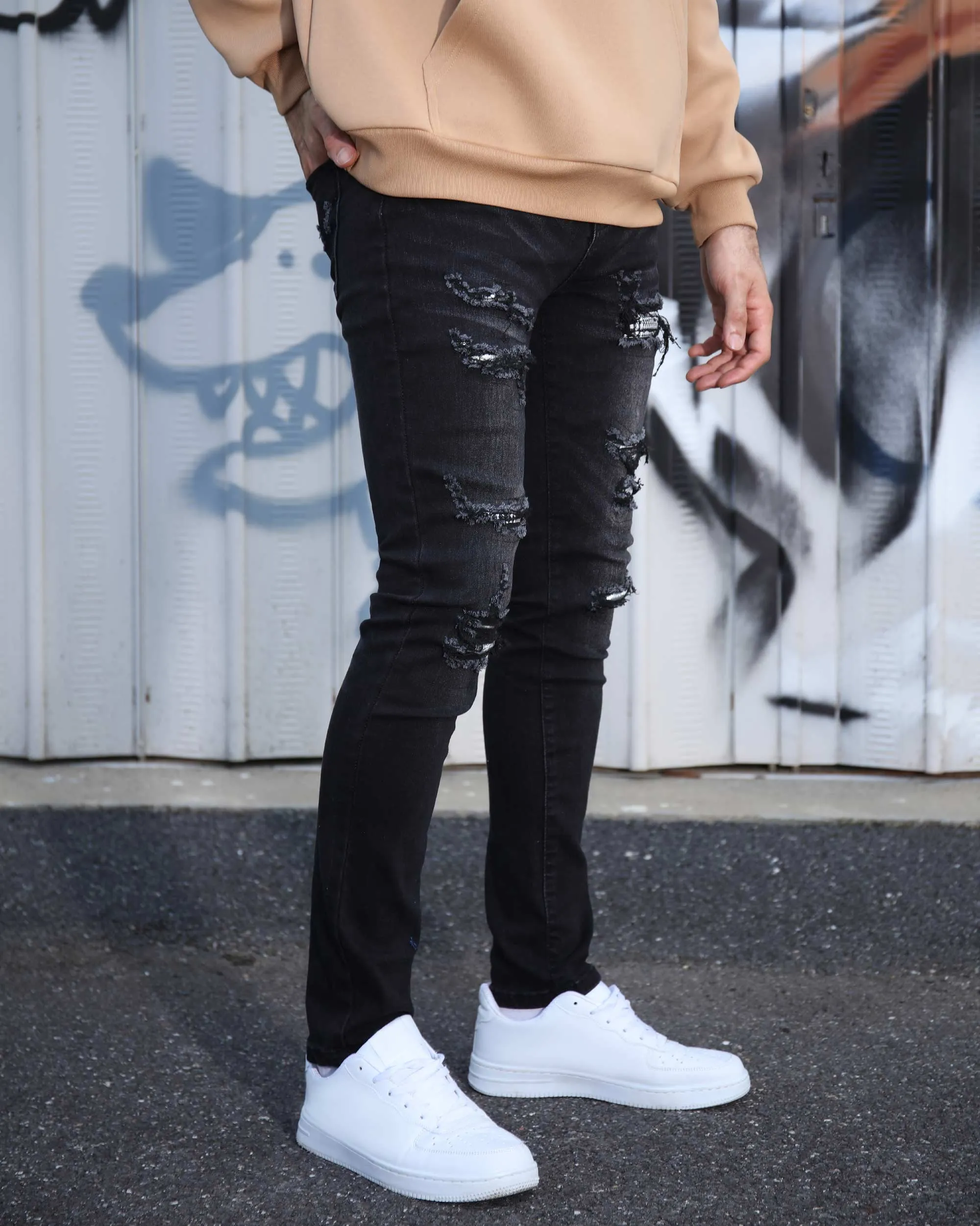 Black Ripped Jeans with Bold Rips and Plaid Patch-Mexico Local Delivery