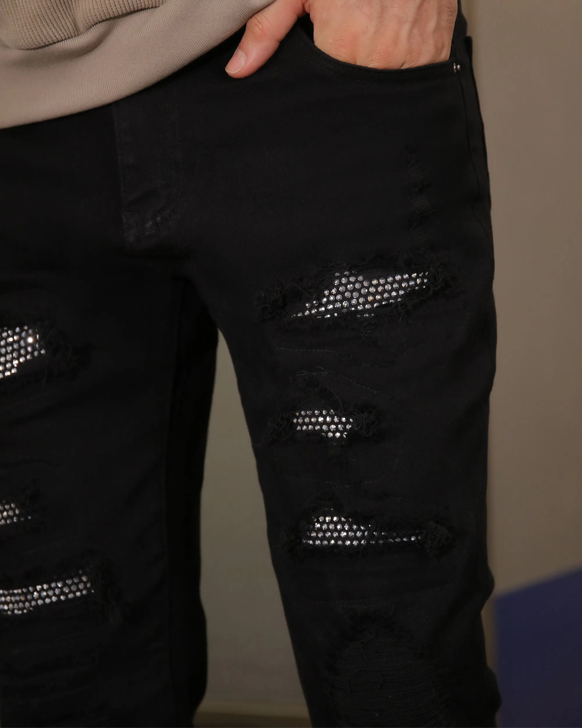 Black Ripped Jeans with Shine Diamond Patch-Mexico Local Delivery
