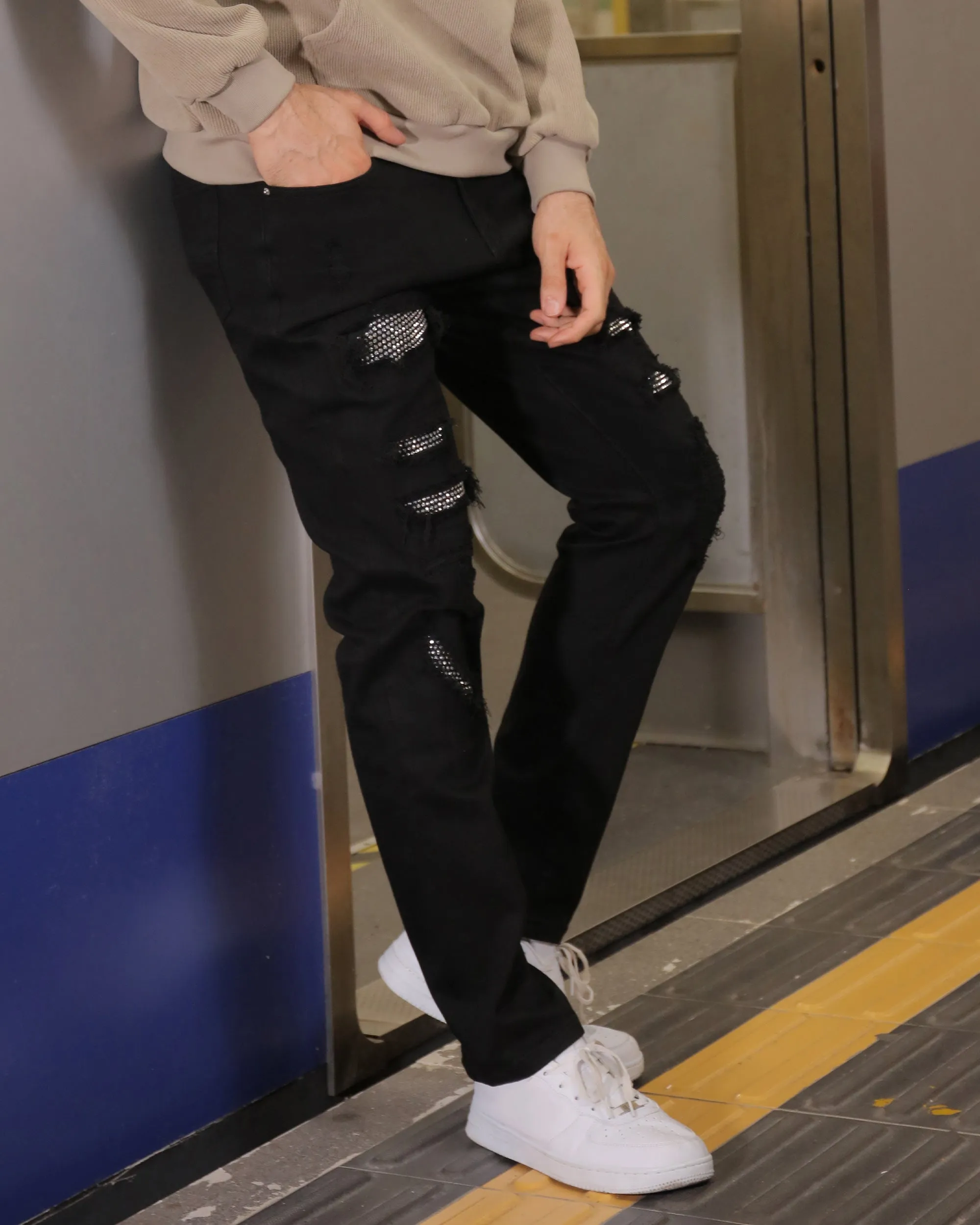 Black Ripped Jeans with Shine Diamond Patch-Mexico Local Delivery