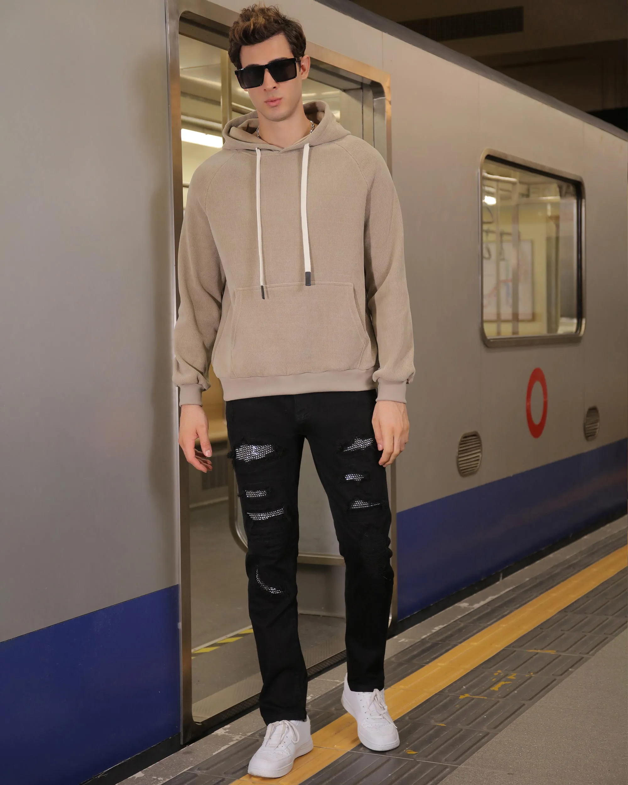 Black Ripped Jeans with Shine Diamond Patch-Mexico Local Delivery