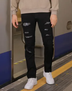 Black Ripped Jeans with Shine Diamond Patch-Mexico Local Delivery