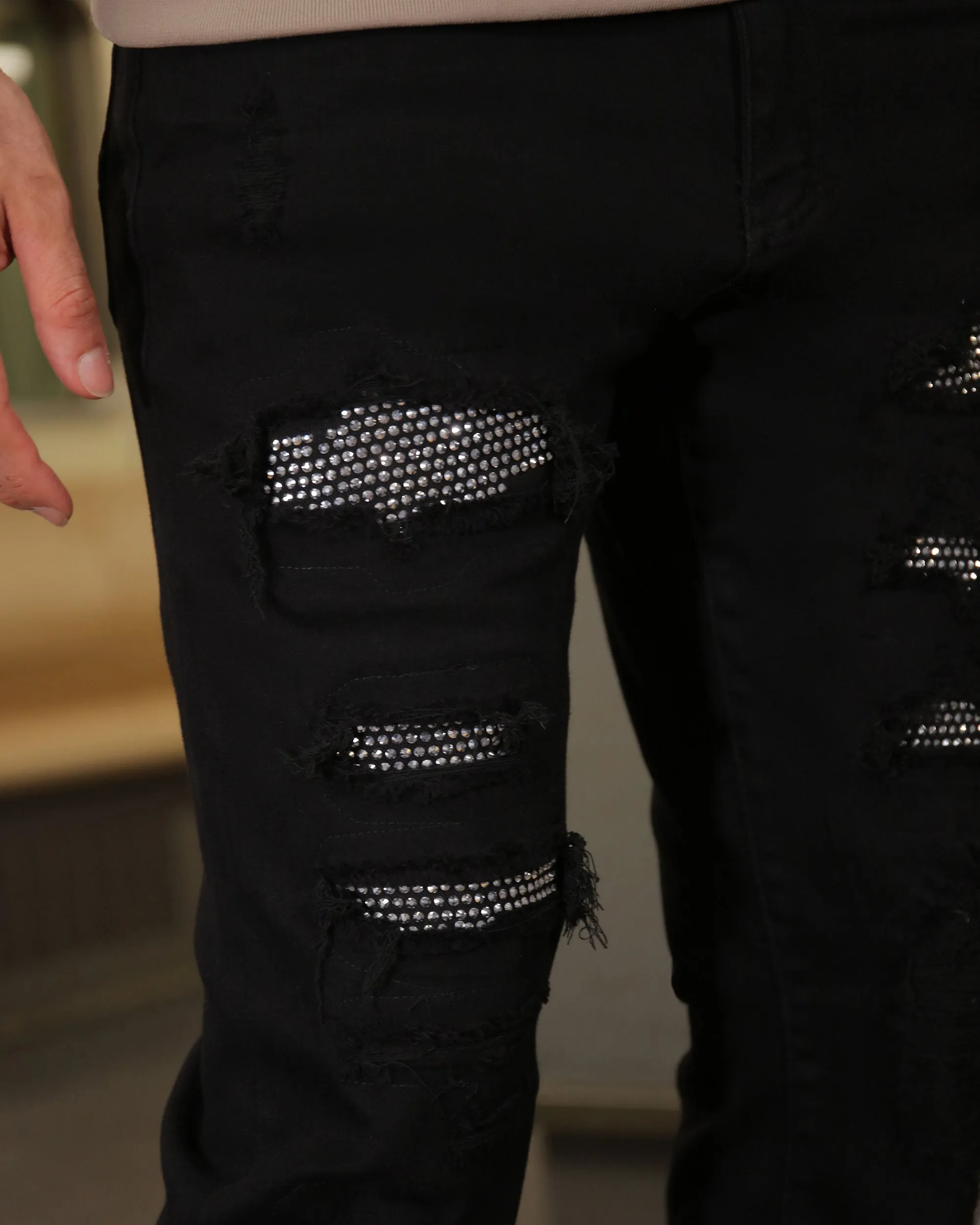 Black Ripped Jeans with Shine Diamond Patch-Mexico Local Delivery