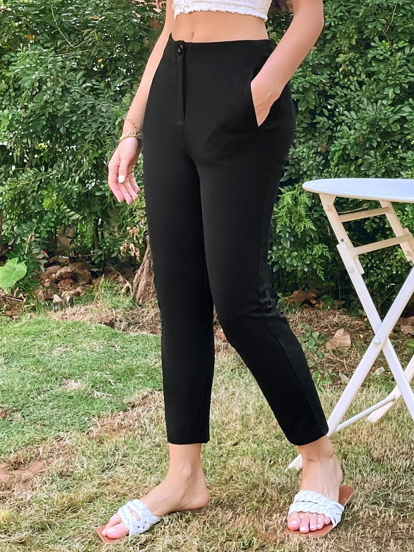 Black Zipper Fly Solid Slant Pocket Tailored Trousers