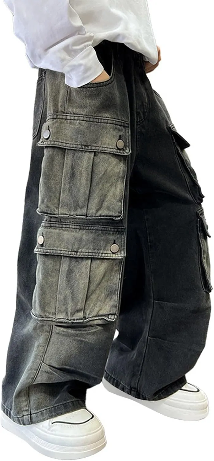 Boys Baggy Cargo Jeans Elastic Waist Kids Hip Hop Pants with Pockets Vintage Aesthetic Jeans High Waist Wide Leg