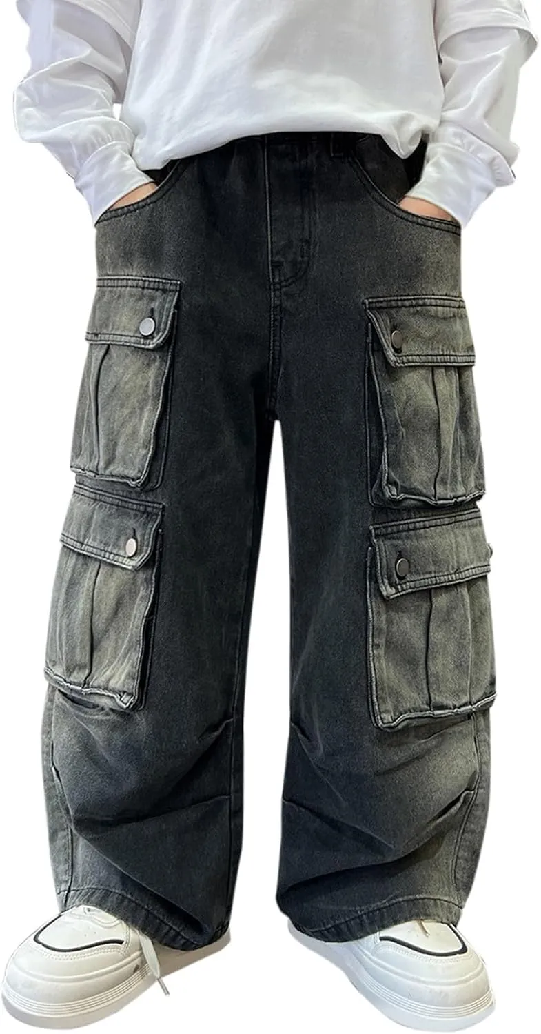 Boys Baggy Cargo Jeans Elastic Waist Kids Hip Hop Pants with Pockets Vintage Aesthetic Jeans High Waist Wide Leg