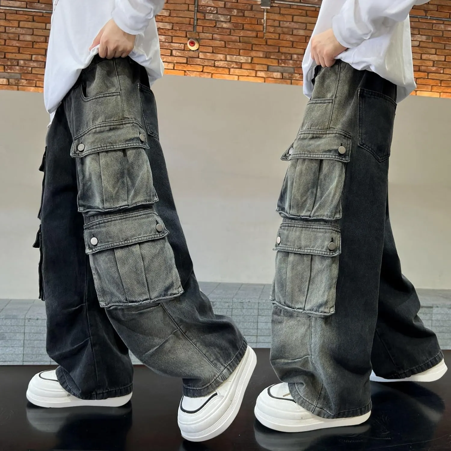 Boys Baggy Cargo Jeans Elastic Waist Kids Hip Hop Pants with Pockets Vintage Aesthetic Jeans High Waist Wide Leg