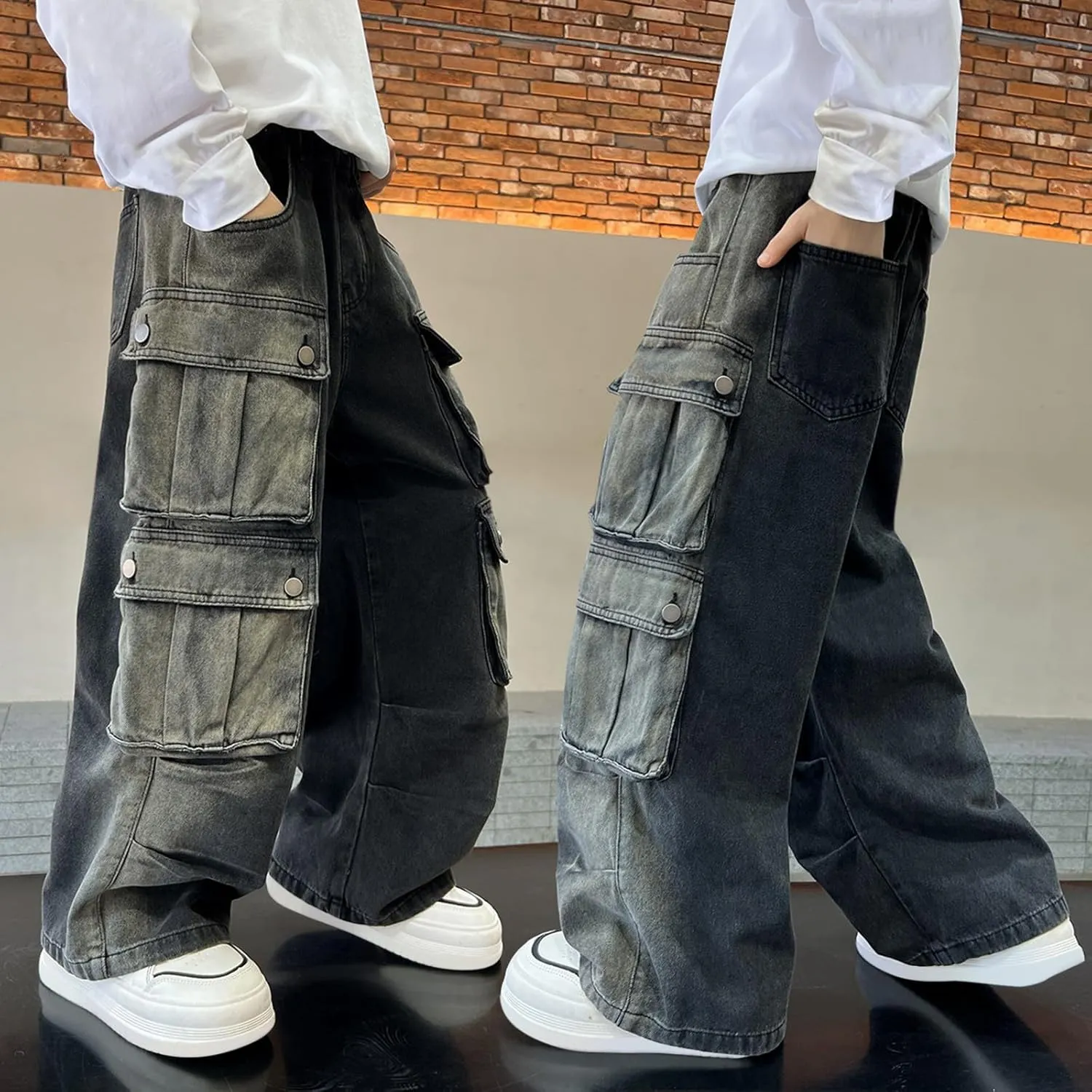 Boys Baggy Cargo Jeans Elastic Waist Kids Hip Hop Pants with Pockets Vintage Aesthetic Jeans High Waist Wide Leg