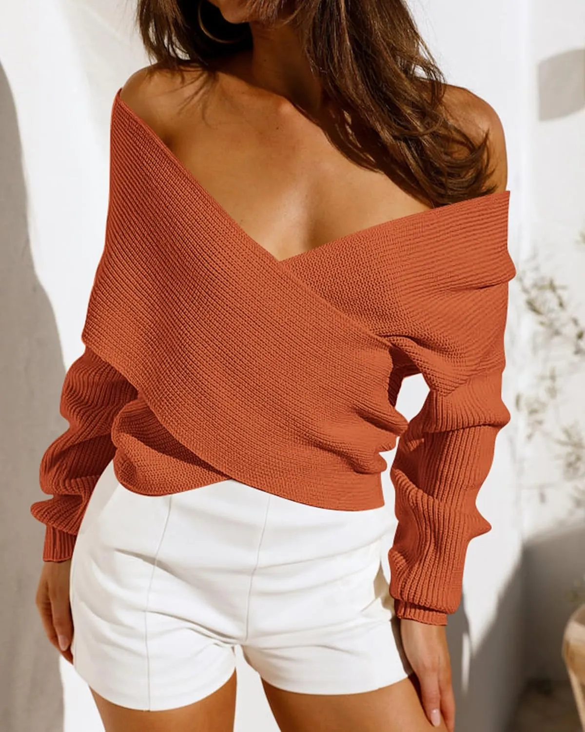 BTFBM Women Casual V Neck Long Sleeve Sweaters Cross Wrap Front Off Shoulder Asymmetric Hem Knitted Crop Solid Pullover