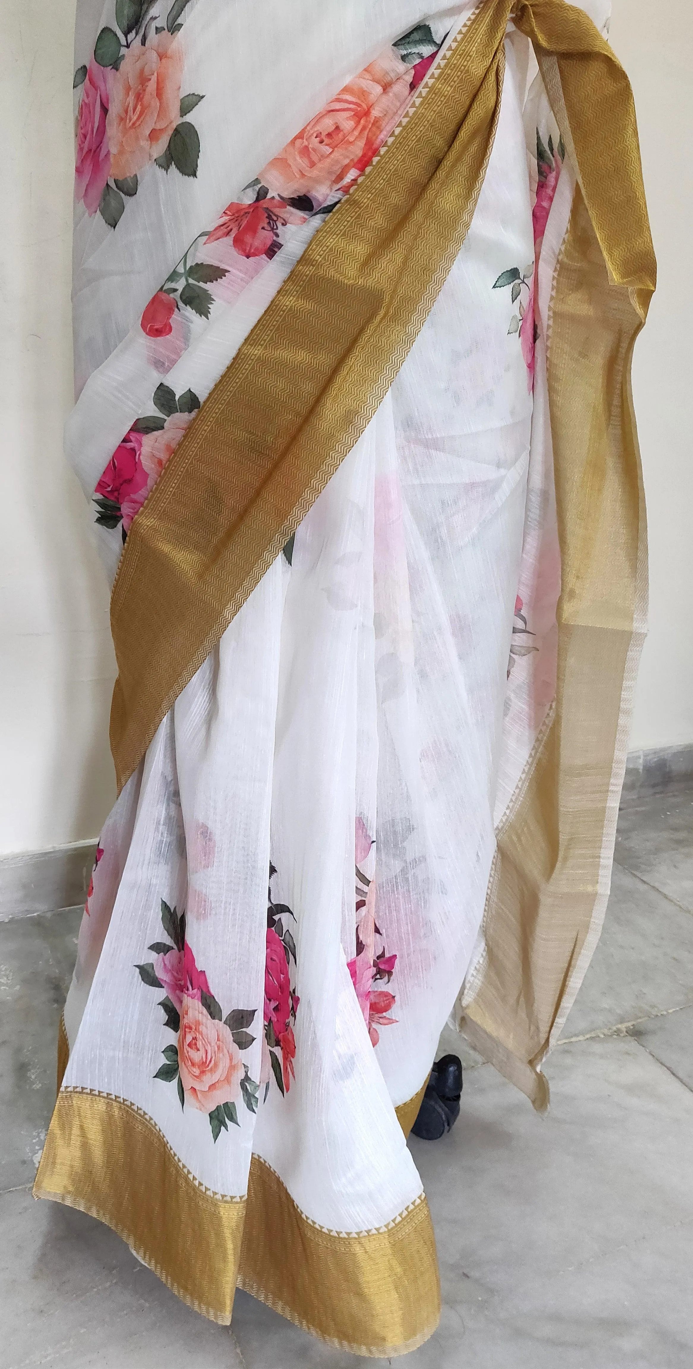 Designer Off white Floral Printed Linen Silk Saree ND03