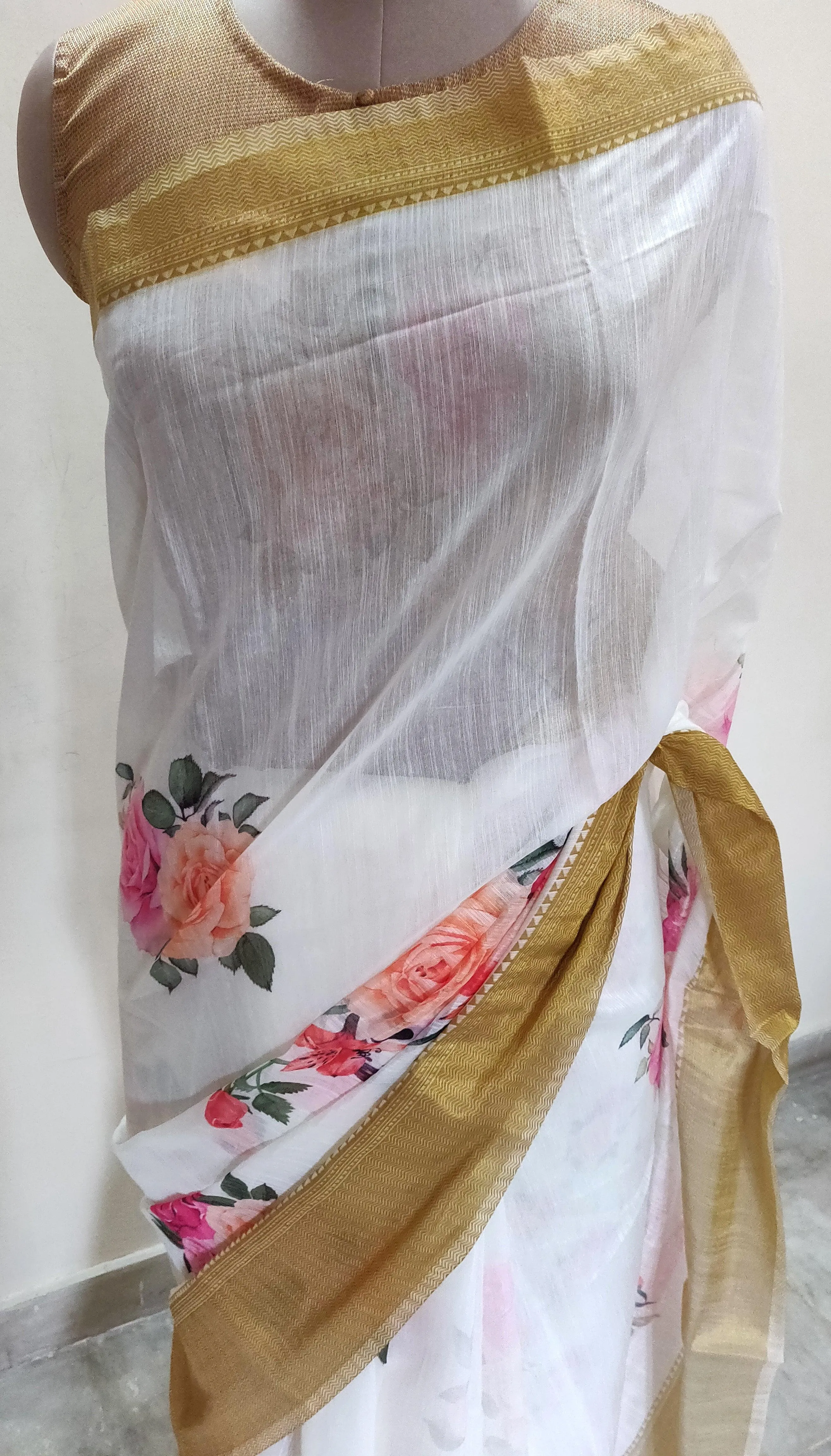 Designer Off white Floral Printed Linen Silk Saree ND03