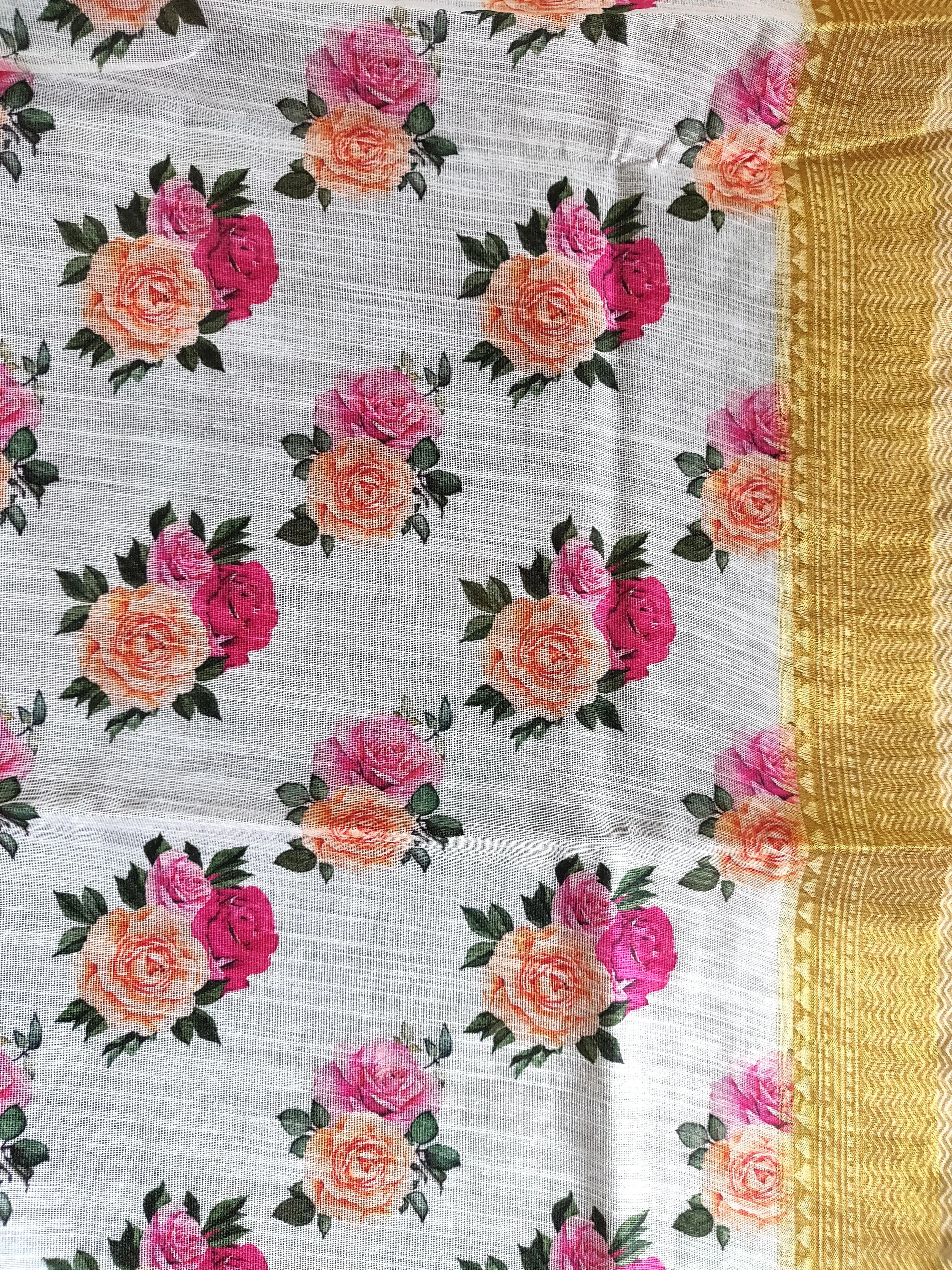 Designer Off white Floral Printed Linen Silk Saree ND03