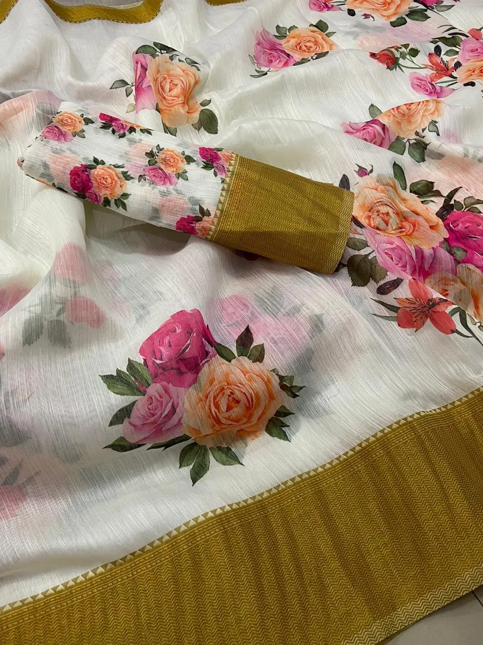 Designer Off white Floral Printed Linen Silk Saree ND03