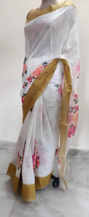 Designer Off white Floral Printed Linen Silk Saree ND03