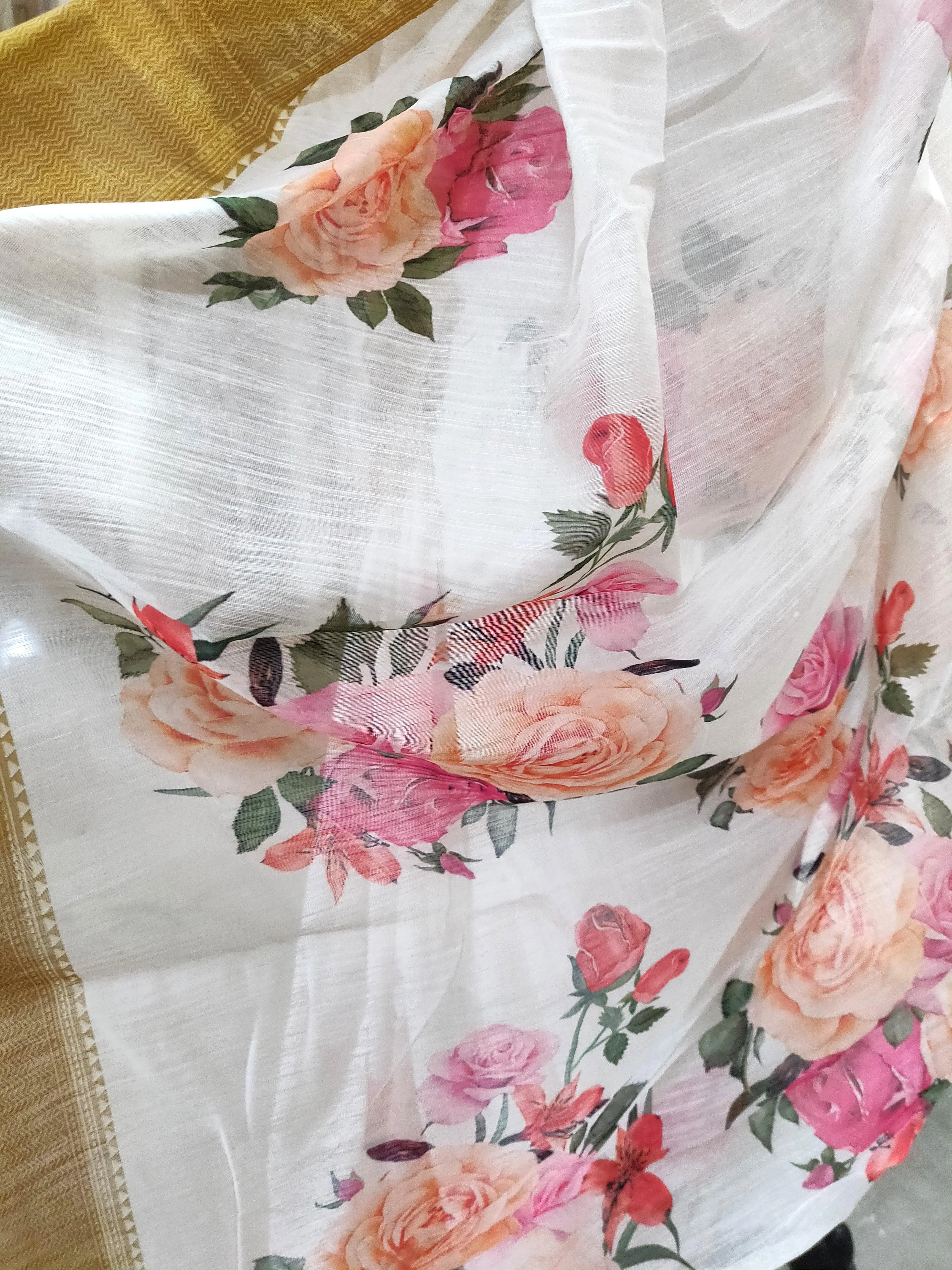 Designer Off white Floral Printed Linen Silk Saree ND03