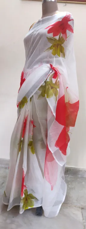 Designer Off White Floral Printed Linen Silk Saree ND05