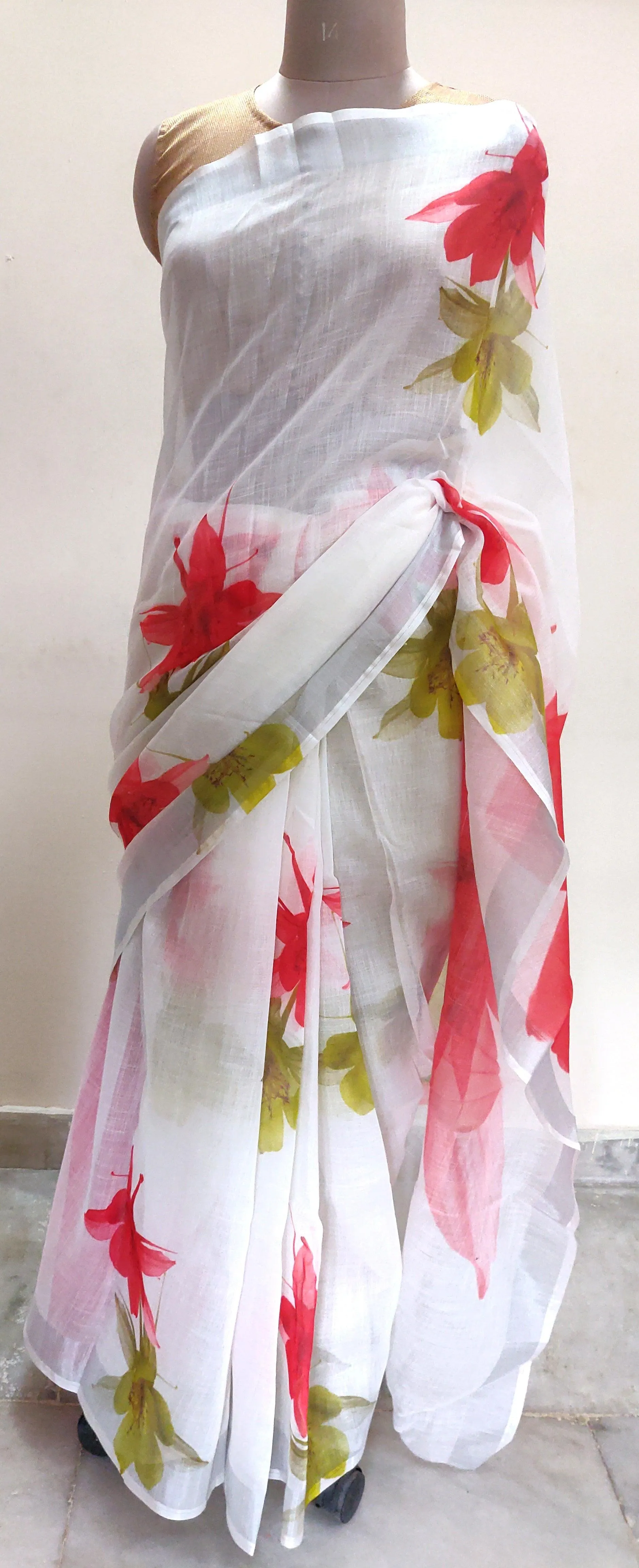 Designer Off White Floral Printed Linen Silk Saree ND05