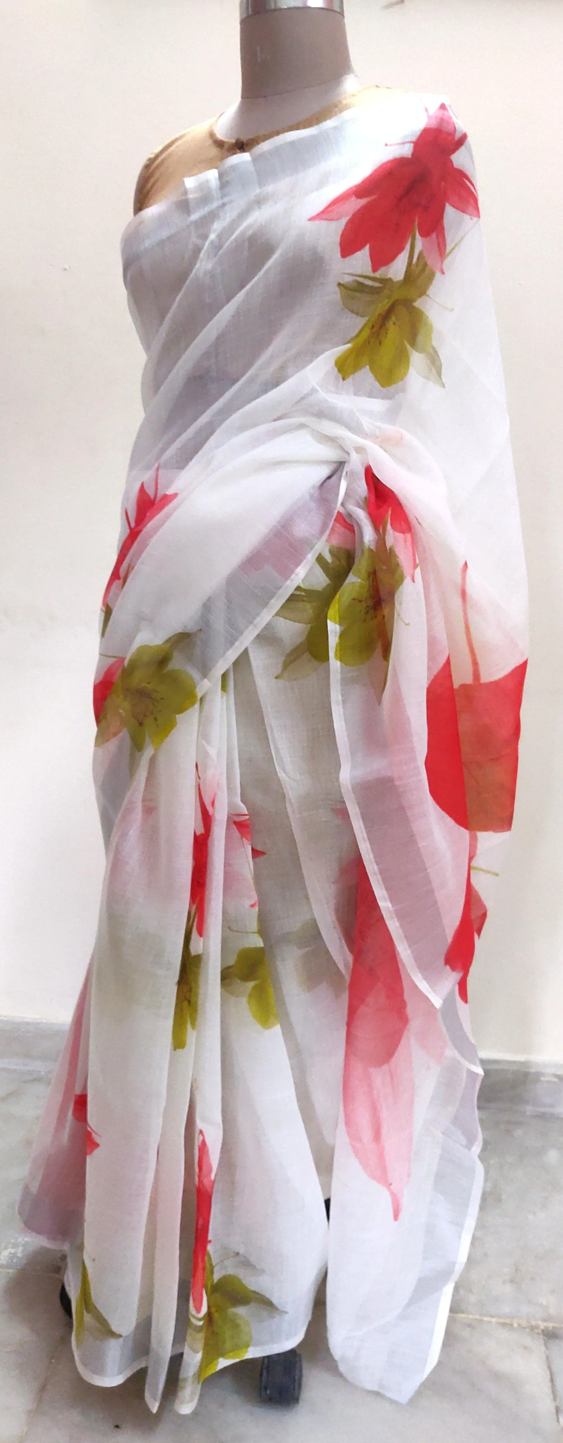 Designer Off White Floral Printed Linen Silk Saree ND05