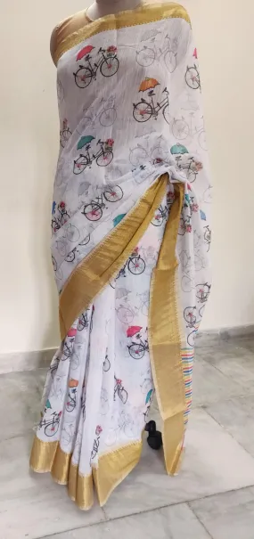 Designer Off white Quirky Printed Linen Silk Saree ND01