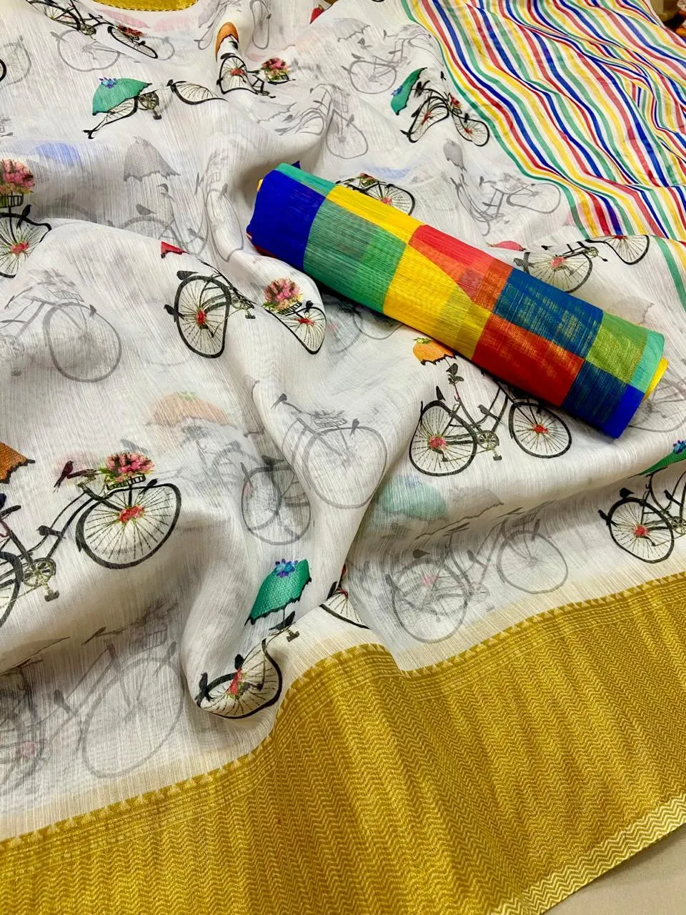 Designer Off white Quirky Printed Linen Silk Saree ND01